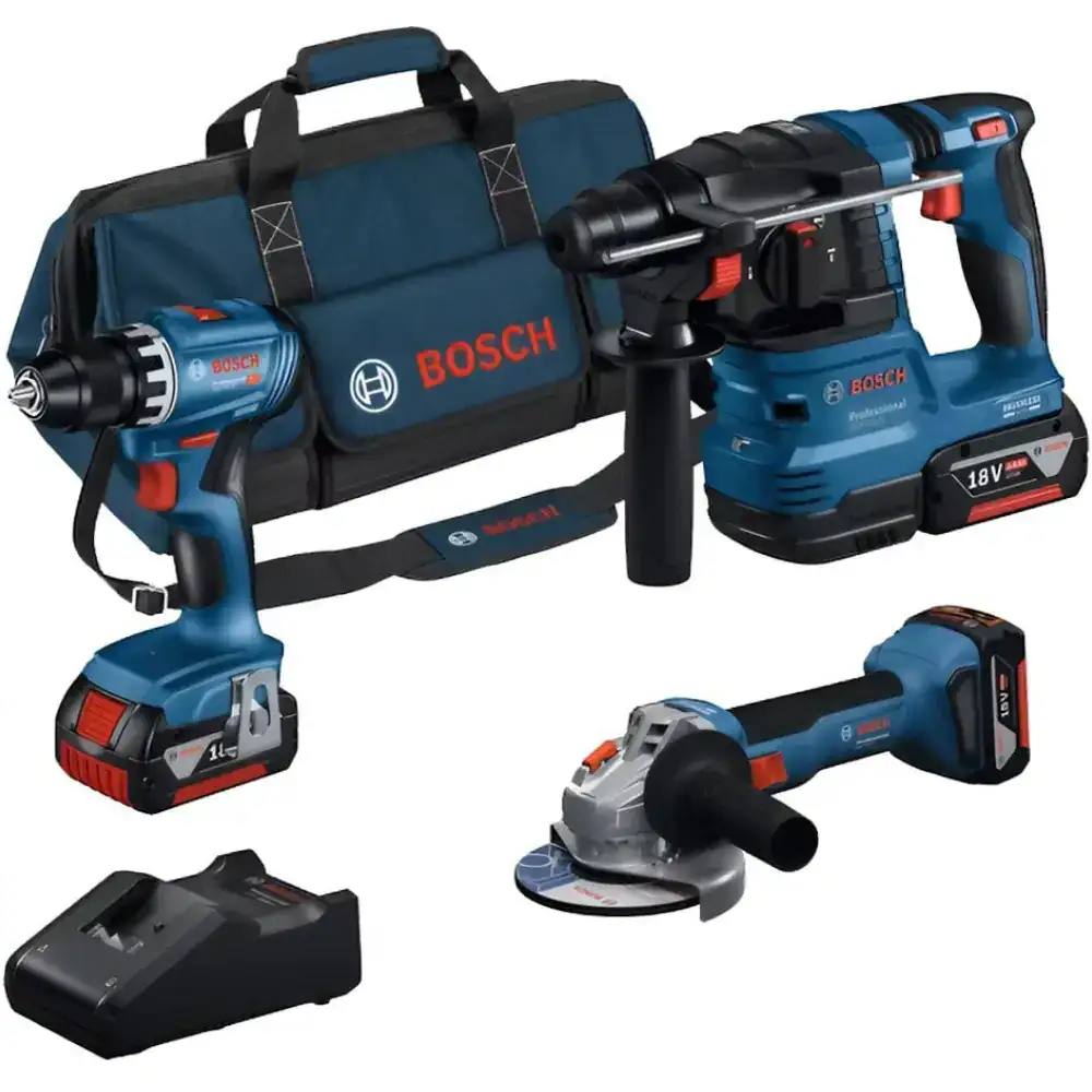 Bosch Cordless Drill GSR18V-45 + Angle Grinder GWS18V-8 + Hammer GBH18-22 + 3 x 4Ah Batteries